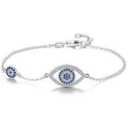 TONGZHE Blue Evil Eyes Link Bracelet Sterling Silver 925 Cubic Zirconia Chain Adjustable 7''