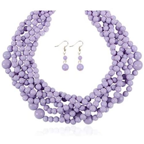 RIAH FASHION Braided Chunky Cluster Bead Bubble Statement Necklace - Multi Strand Twisted Colorful Twisted Ball Hammock Bib Collar Acrylic, Sparkly Crystal