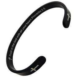 RENYILIN Black Religious Prayer Bracelet Christian Cross Cuff Baptism Faith Biblical Scripture Inspired Cuff Jewelry