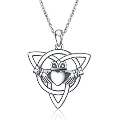 ONEFINITY Claddagh Necklace Sterling Silver Good Luck Irish Claddagh Celtic Knot Love Heart Pendant Necklace Jewelry Gifts for Women