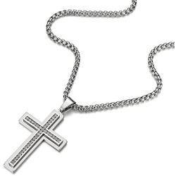 COOLSTEELANDBEYOND Men Women Large Stainless Steel Cross Pendant Necklace with Cubic Zirconia, 30 inch Wheat Chain