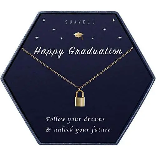 Suavell Graduation Gifts for Her 2021. Graduate Lock Necklace for Women with Congrats Card. 18K Gold Plated Padlock Necklace Pendant for Good Luck Graduate Gift. College Graduation Necklace