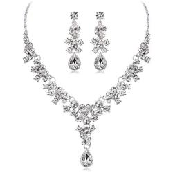 PQDAYSUN Bridal Rhinestone Crystal Chain Necklace Ring Jewelry Set bEarrings Jewelry Set Gifts fit with Wedding Dress for Wedding Party JEW002(White)