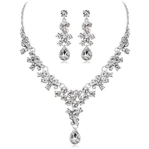 PQDAYSUN Bridal Rhinestone Crystal Chain Necklace Ring Jewelry Set bEarrings Jewelry Set Gifts fit with Wedding Dress for Wedding Party JEW002(White)