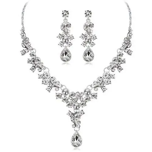 PQDAYSUN Bridal Rhinestone Crystal Chain Necklace Ring Jewelry Set bEarrings Jewelry Set Gifts fit with Wedding Dress for Wedding Party JEW002(White) PQDAYSUN Bridal Rhinestone Crystal Chain Necklace Ring Jewelry Set bEarrings Jewelry Set Gifts fit with Wedding Dress for Wedding Party JEW002(White)