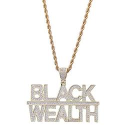 Moca Jewelry Hip Hop Iced Out Bling Letter Black-Wealth Pendant Necklace,14K Gold Plated Simulated Diamond Paved Necklace with Stainless Steel Rope Link Chain for Men Women