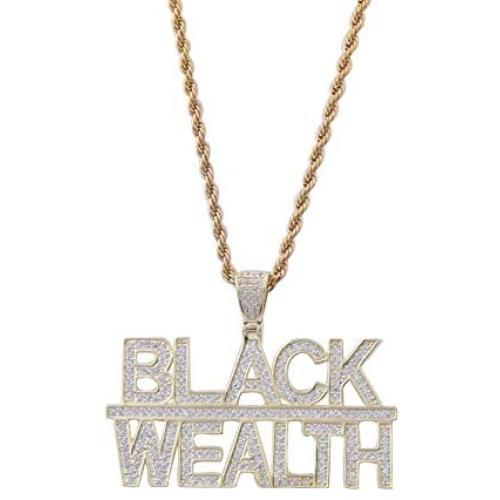 Moca Jewelry Hip Hop Iced Out Bling Letter Black-Wealth Pendant Necklace,14K Gold Plated Simulated Diamond Paved Necklace with Stainless Steel Rope Link Chain for Men Women