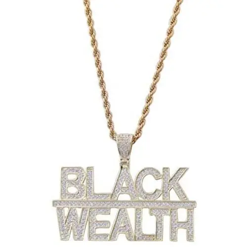 Moca Jewelry Hip Hop Iced Out Bling Letter Black-Wealth Pendant Necklace,14K Gold Plated Simulated Diamond Paved Necklace with Stainless Steel Rope Link Chain for Men Women