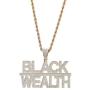 Moca Jewelry Hip Hop Iced Out Bling Letter Black-Wealth Pendant Necklace,14K Gold Plated Simulated Diamond Paved Necklace with Stainless Steel Rope Link Chain for Men Women