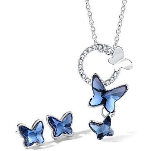 T400 Blue Butterfly Crystal Pendant Necklace and Drop Stud Earrings Jewelry Set Gift for Girls Women