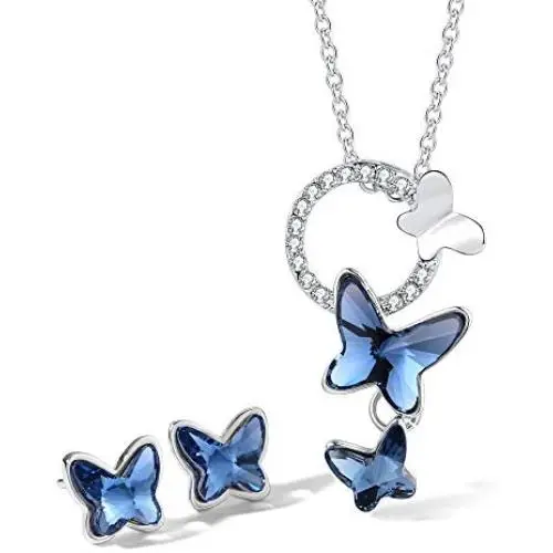 T400 Blue Butterfly Crystal Pendant Necklace and Drop Stud Earrings Jewelry Set Gift for Girls Women T400 Blue Butterfly Crystal Pendant Necklace and Drop Stud Earrings Jewelry Set Gift for Girls Women