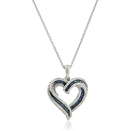 Amazon Collection Sterling Silver Blue and White Diamond Heart Pendant Necklace (1/2 cttw), 18''