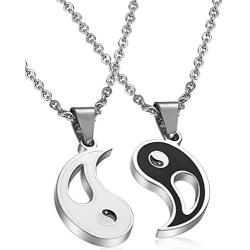 FIBO STEEL 2pcs Stainless Steel Yin Yang Pendant Necklace for Men Women Puzzle Couples Necklace,22 inches