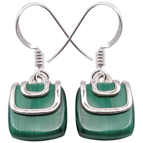 SilverStarJewel Cab Malachite Dangle Earrings 2.8 cm 3.6 Grams 925 Solid Sterling Silver