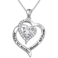 Mother Necklaces 925 Sterling Silver Always My Mother Forever My Friend Double Love Heart Necklace for Women Mother Lady Birthday Jewelry
