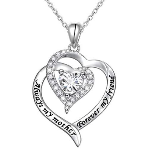 Mother Necklaces 925 Sterling Silver Always My Mother Forever My Friend Double Love Heart Necklace for Women Mother Lady Birthday Jewelry