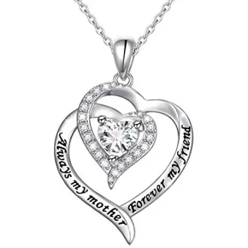 Mother Necklaces 925 Sterling Silver Always My Mother Forever My Friend Double Love Heart Necklace for Women Mother Lady Birthday Jewelry