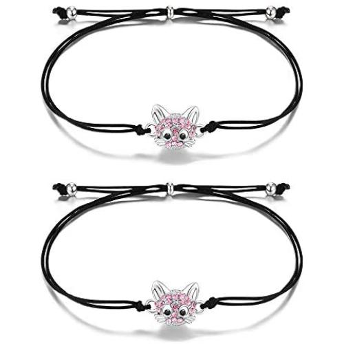 Lanqueen Cat Friendship Bracelets for 2 Girls Handmade Matching Wish Bracelets for Friends Women Birthday Gifts
