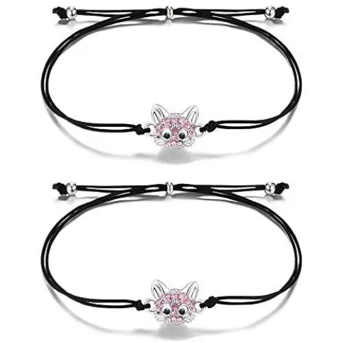 Lanqueen Cat Friendship Bracelets for 2 Girls Handmade Matching Wish Bracelets for Friends Women Birthday Gifts