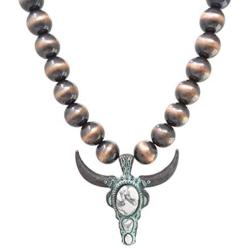 Elosee Turquoise Stone Long Horn Steer Skull Pendant Native Pearls Necklace 18 Inch