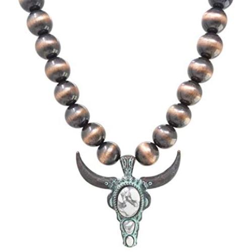 Elosee Turquoise Stone Long Horn Steer Skull Pendant Native Pearls Necklace 18 Inch