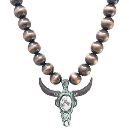 Elosee Turquoise Stone Long Horn Steer Skull Pendant Native Pearls Necklace 18 Inch