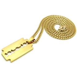 Shiny Jewelers USA Mens Hip Hop Polished Razor Blade Pendant 24'' Box Rope Cuban Chain Necklace