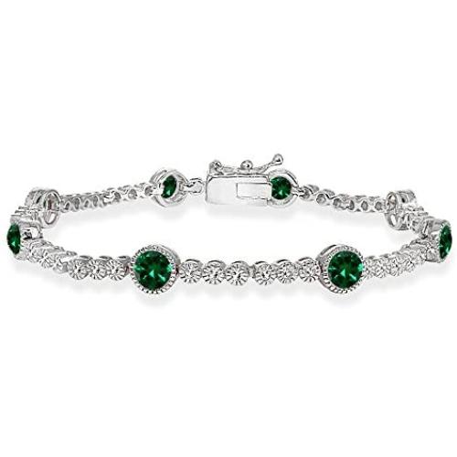 Sterling Silver Genuine, Created or Simulated Gemstone & White Topaz Round Halo Tennis Bracelet