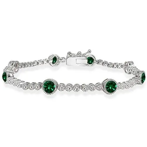 Sterling Silver Genuine, Created or Simulated Gemstone & White Topaz Round Halo Tennis Bracelet Sterling Silver Genuine, Created or Simulated Gemstone & White Topaz Round Halo Tennis Bracelet