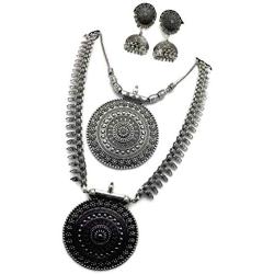 Naarilok Traditional Oxidized Nayanathara Long Necklaces Set Consisting Of 2 Necklaces And Matching Jhumkas Ethnic Indian Jewellery Fashion Jewellery