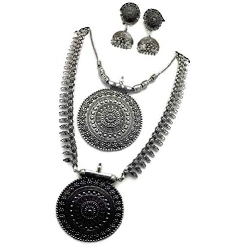 Naarilok Traditional Oxidized Nayanathara Long Necklaces Set Consisting Of 2 Necklaces And Matching Jhumkas Ethnic Indian Jewellery Fashion Jewellery