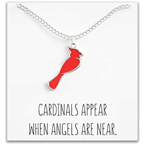 Cardinal Necklace For Women – Cute Red & Silver Charm – Cardinals Appear When Angels Are Near Message Card