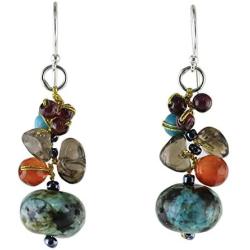NOVICA Multi-Gem Jasper .925 Sterling Silver Beaded Earrings Exotic Cluster