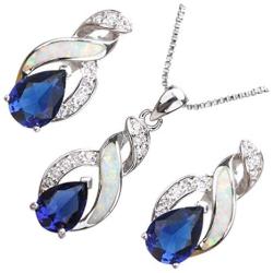 Hermosa Opal Jewelry Set Women Pendant Necklace Stud Earrings Sapphire Rainbow Mystic Topaz with 18'' Chain