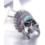 PAMTIER Mens Stainless Steel Silver Native American Indian Tribal Chief Headdress Skull Necklace