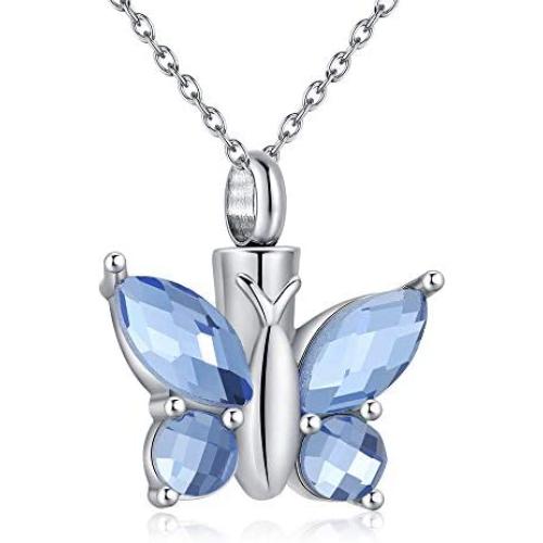 Eternal M. Butterfly Urn Necklace for Ashes Stainless Steel Silver Cremation Jewelry Keepsakes Pendants in Memory of Lost Loved One (Blue)