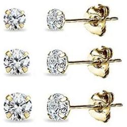 3 Pair Set 14K Gold Cubic Zirconia Round Stud Earrings for Men Women Girls, 3mm 4mm 5mm
