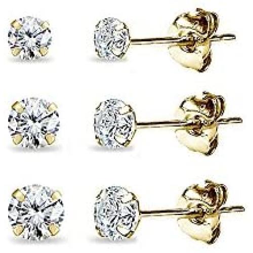3 Pair Set 14K Gold Cubic Zirconia Round Stud Earrings for Men Women Girls, 3mm 4mm 5mm