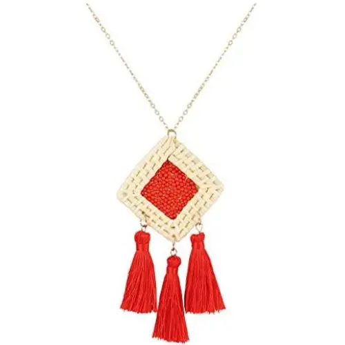 Long Tassel Pendant Necklace Handmade Rattan Geometric Drop Necklace Boho Beaded Y-Shape Statement Necklaces for Women Girls Long Tassel Pendant Necklace Handmade Rattan Geometric Drop Necklace Boho Beaded Y-Shape Statement Necklaces for Women Girls