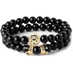 Joan Nunu Handmade 8mm Stone Beads Bracelets Set King Crown Tiger Charm Fashion Jewelry for Men Women