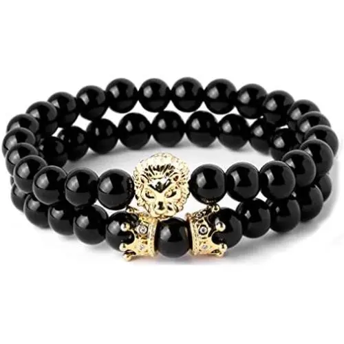 Joan Nunu Handmade 8mm Stone Beads Bracelets Set King Crown Tiger Charm Fashion Jewelry for Men Women