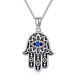 Hamsa Hand Necklace 925 Sterling Silver Cubic Zirconia Evil Eye Lotus Pendant Necklace Vintage Pendant Jewelry for Women or Men
