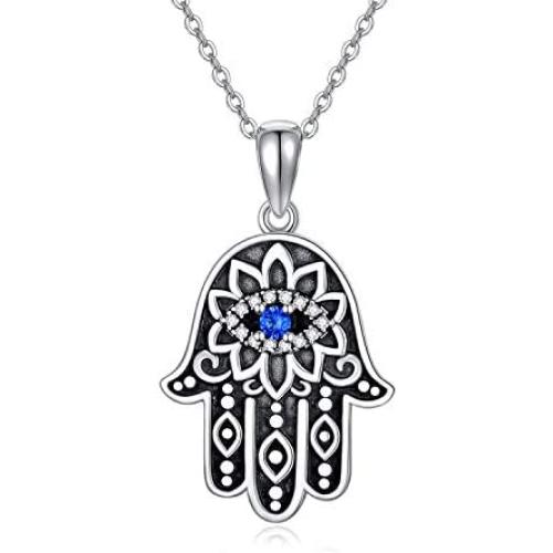 Hamsa Hand Necklace 925 Sterling Silver Cubic Zirconia Evil Eye Lotus Pendant Necklace Vintage Pendant Jewelry for Women or Men