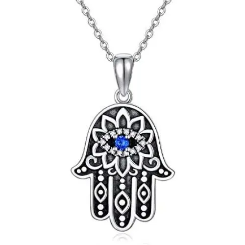Hamsa Hand Necklace 925 Sterling Silver Cubic Zirconia Evil Eye Lotus Pendant Necklace Vintage Pendant Jewelry for Women or Men Hamsa Hand Necklace 925 Sterling Silver Cubic Zirconia Evil Eye Lotus Pendant Necklace Vintage Pendant Jewelry for Women or Men