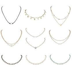Finrezio 10 PCS Choker Necklace for Women Girls Dainty Layered Gold Chain Lucky Star Heart Pearl Turquoise Bead Necklaces Set