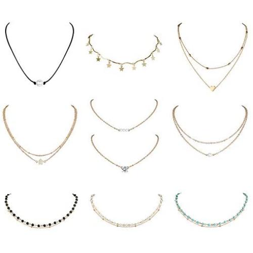 Finrezio 10 PCS Choker Necklace for Women Girls Dainty Layered Gold Chain Lucky Star Heart Pearl Turquoise Bead Necklaces Set