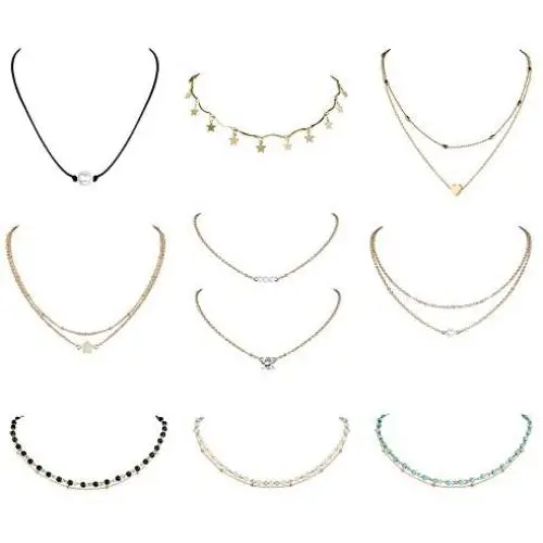 Finrezio 10 PCS Choker Necklace for Women Girls Dainty Layered Gold Chain Lucky Star Heart Pearl Turquoise Bead Necklaces Set