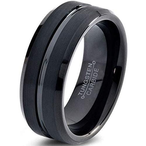 Charming Jewelers Tungsten Wedding Band Ring 8mm Men Women Comfort Fit Grey Black 18K Yellow Gold Plated Bevel Edge Brushed Polished