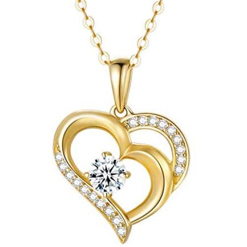 14K Solid Gold Heart Necklace for Women, Real Gold Double Love Hearts Pendant Necklace Delicate Love Jewelry Gifts for Mom, Wife, Girls, 16-18 inch