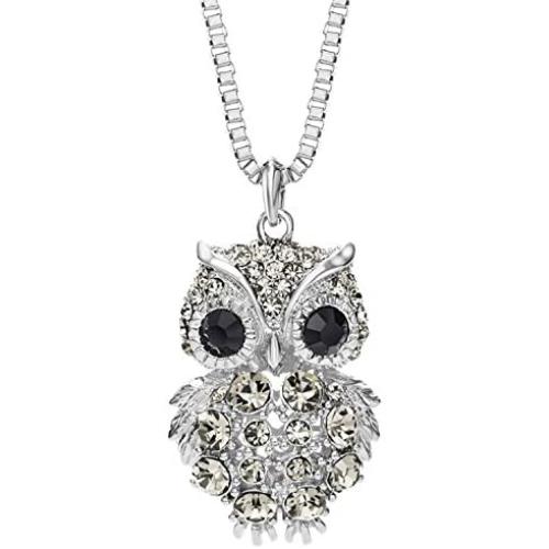 NEOGLORY Jewelry Full of Rhinestone Owl Long Chain Pendant Necklace 2 Colors with Jewelry Box